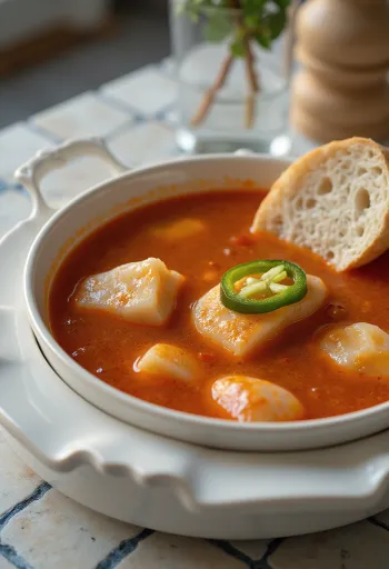 Red paprika fish soup with carp fillets and hot peppers.