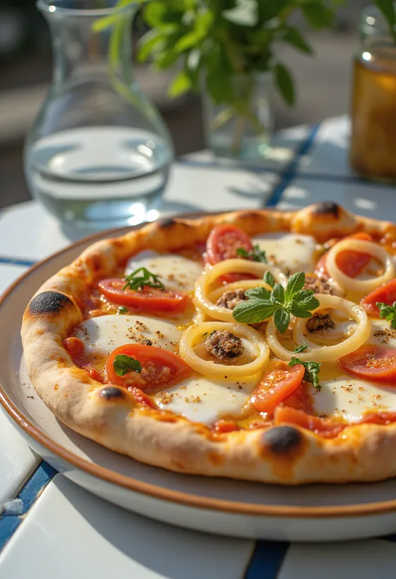 Pizza Pugliese with red onion and anchovies