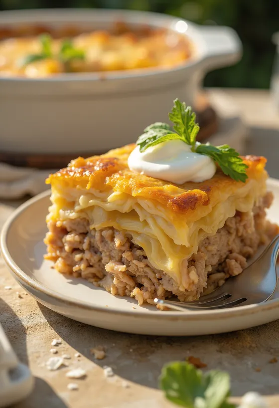 Layered cabbage casserole with ground meat, rice, and sour cream