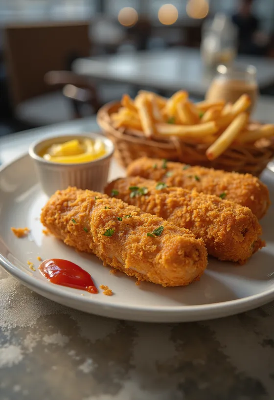 Golden brown breaded hot dogs served with mustard and ketchup