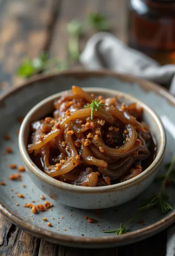 Bowl of spicy caramelized onion relish garnished with fresh chili.
