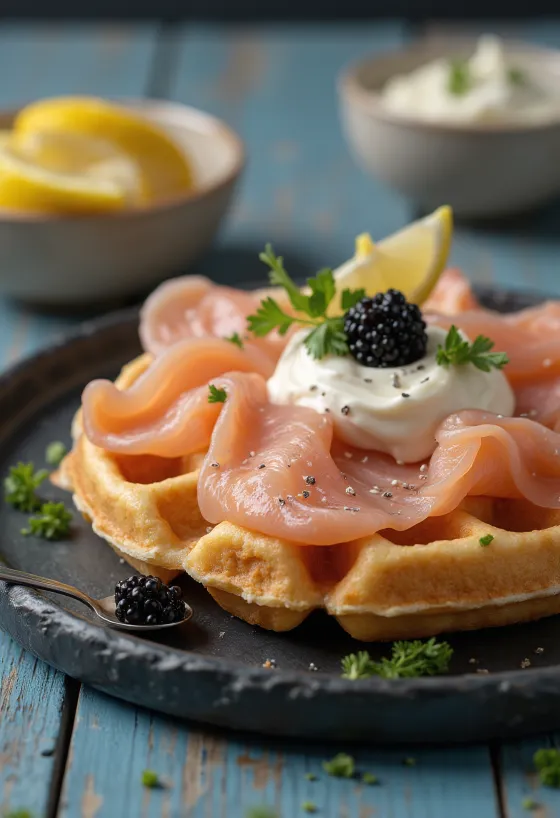 Smoked salmon waffle with caviar