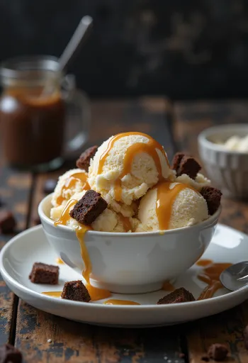 Vanilla caramel brownie ice cream served in a bowl