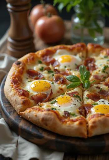 Rustic Abruzzo pizza topped with bacon, eggs, and pecorino cheese