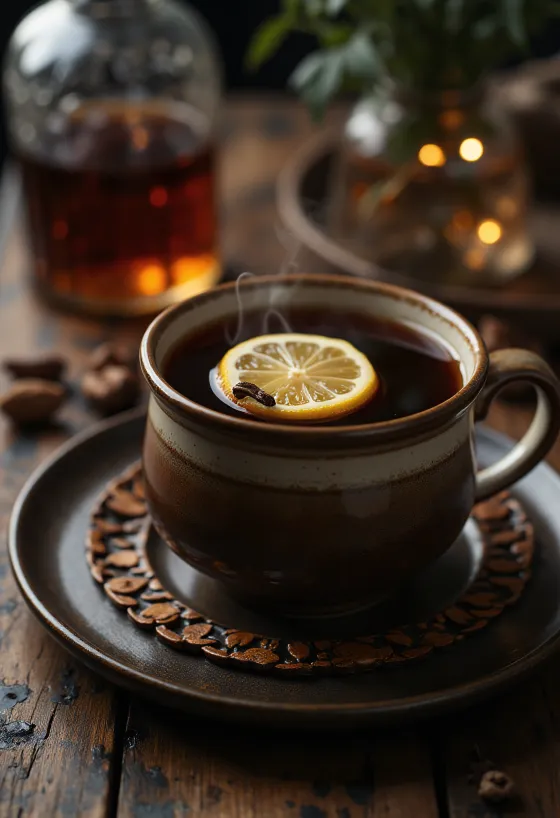 Glass of hot rum tea with lemon slice