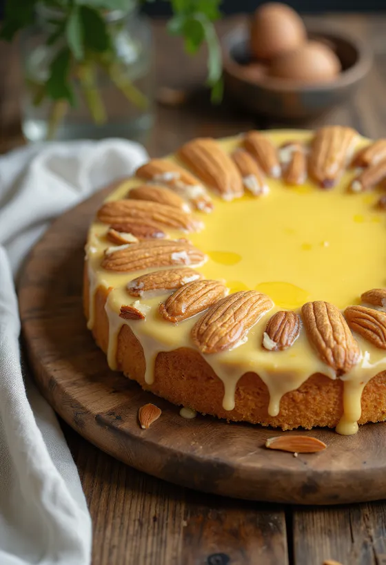 Swedish almond cake with almond layers and vanilla custard