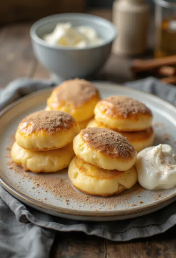 Cinnamon Syrniki, golden brown cheese pancakes dusted with cinnamon