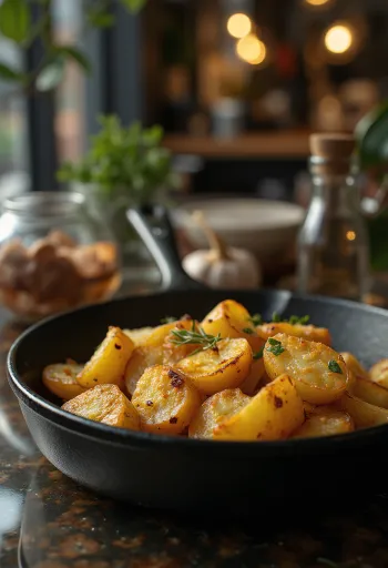 Golden crispy roasted potatoes garnished with fresh rosemary.