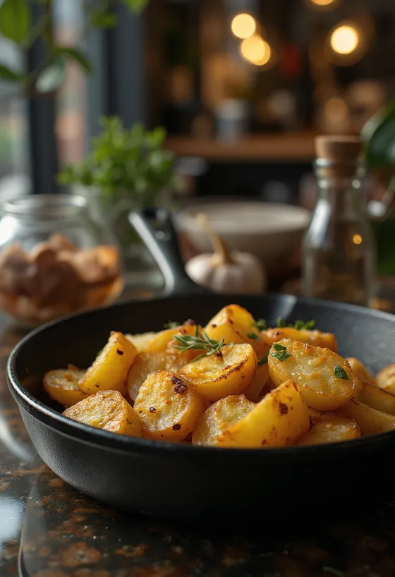 Golden crispy roasted potatoes garnished with fresh rosemary.