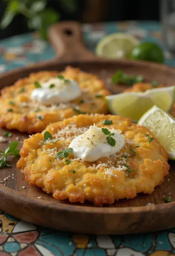 Golden fried Tostones topped with creamy garlic sauce and fresh parsley