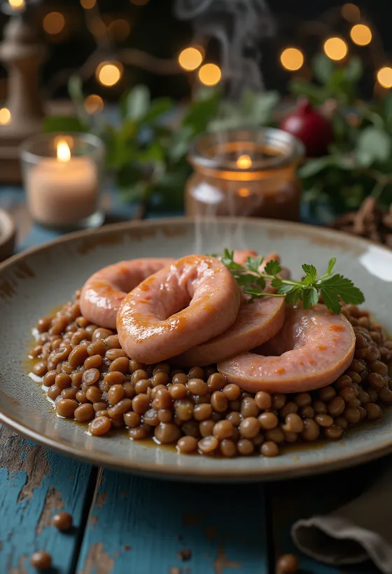 Cotechino sausage served with lentils