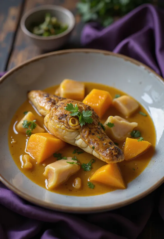 Bowl of crocodile and pumpkin curry garnished with fresh cilantro.