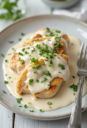 Pan-seared chicken breast in a creamy garlic sauce served with pasta.