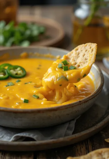 Jalapeño cheese sauce in a bowl with chips