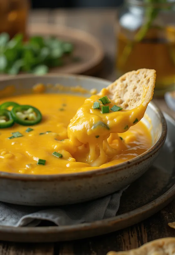 Jalapeño cheese sauce in a bowl with chips