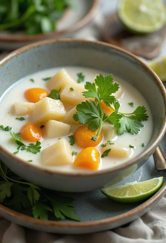 Bowl of creamy coconut vegetable soup with cilantro