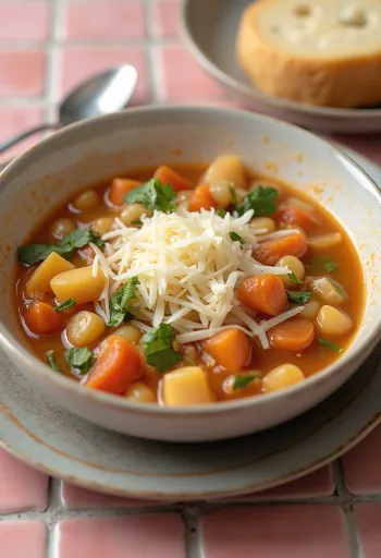 Minestrone with Parmesan cheese, served sprinkled with freshly grated cheese