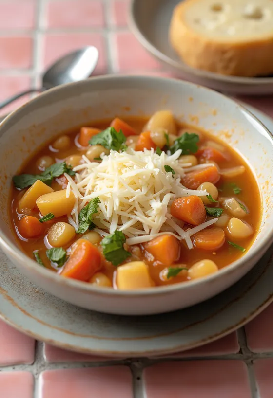 Minestrone with Parmesan cheese, served sprinkled with freshly grated cheese