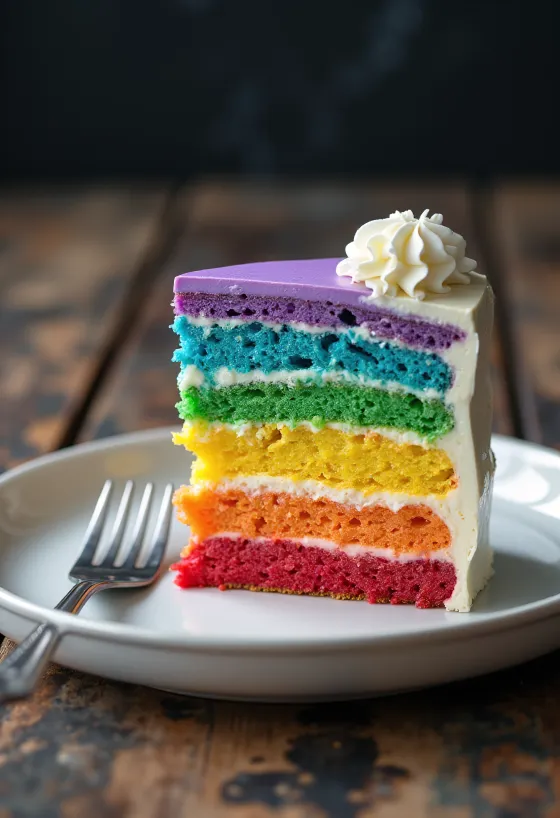 Rainbow cake with white fondant and colorful layers