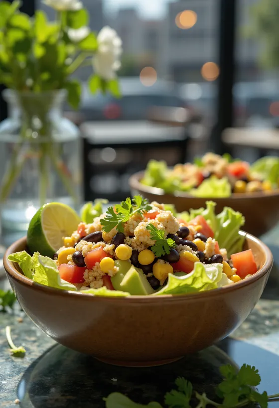 Vegan taco salad with tortilla chips and fresh vegetables