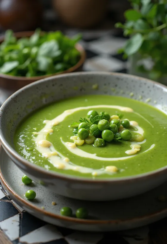 Creamy green pea soup with fresh parsley