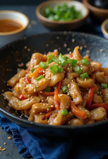 Crocodile stir-fry with peppers and onions served in a wok.
