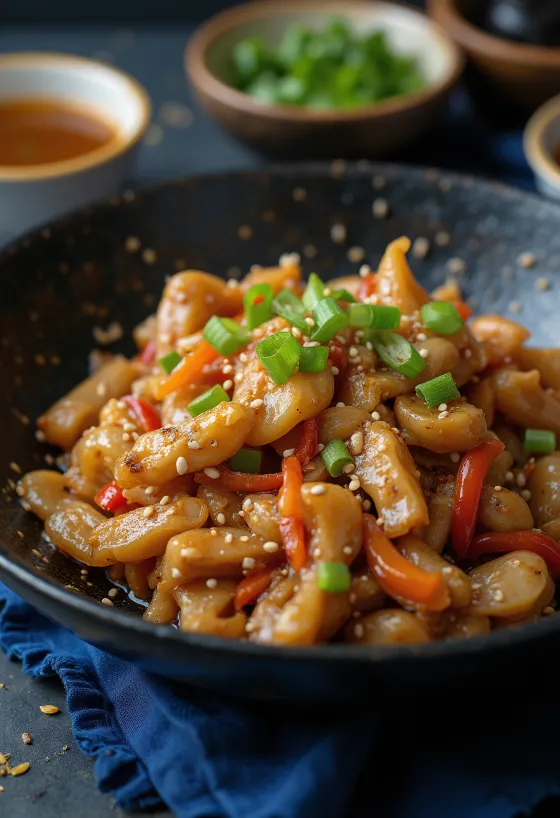 Crocodile stir-fry with peppers and onions served in a wok.