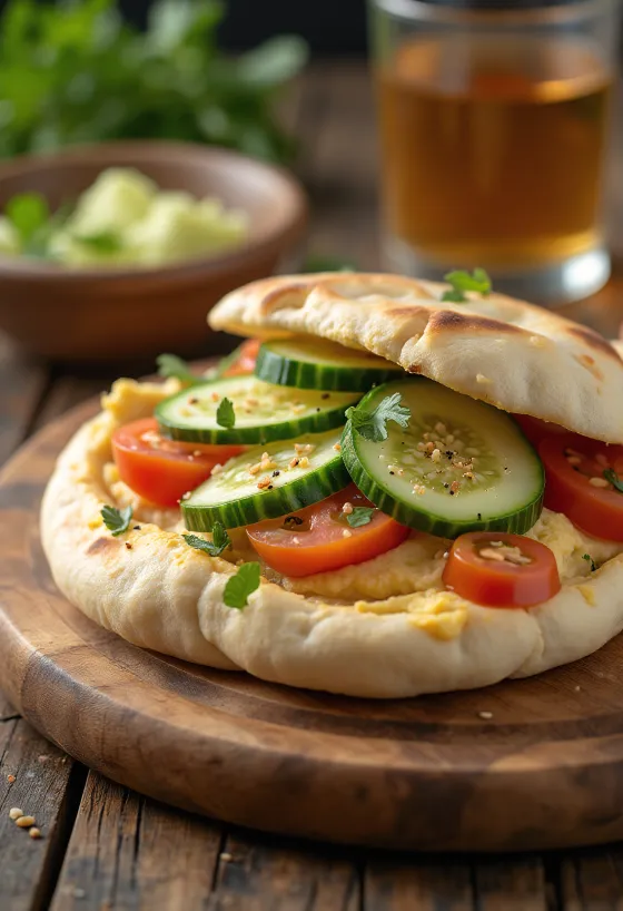 Pita with hummus and fresh vegetables