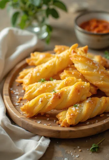 Crispy cheese straws lined up on a baking sheet.