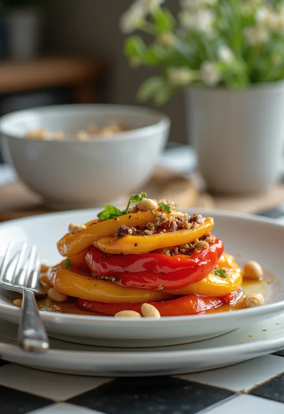 Roasted pepper salad served with balsamic dressing and toasted pine nuts.