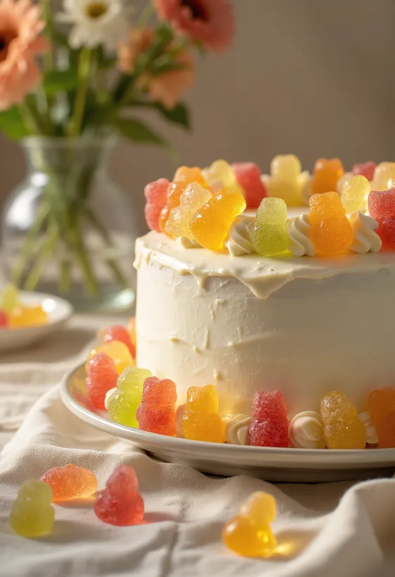 Colorful cake decorated with gummy bears and white fondant