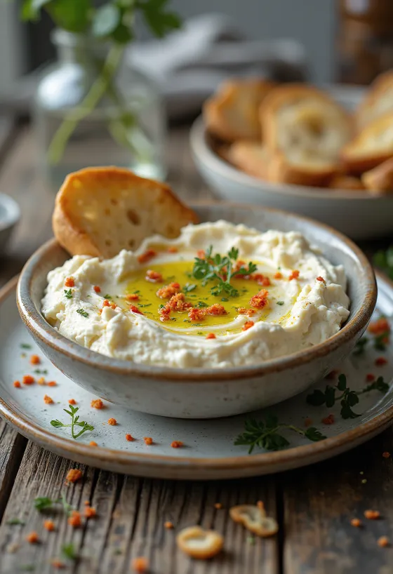 Tirokafteri with chili flakes, served with fresh parsley