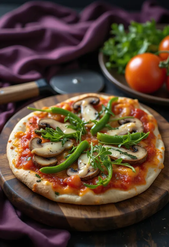 Vegan tortilla pizza with fresh vegetables and arugula