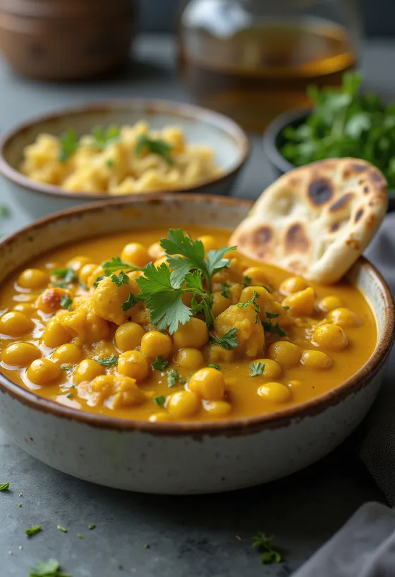 Bowl of chickpea curry with coconut milk