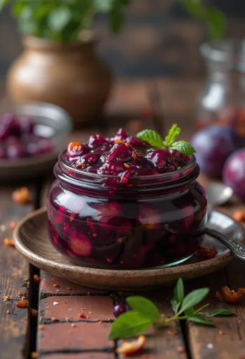 Jar of spicy plum chutney next to a serving spoon.