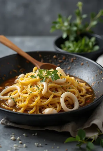Fideuà with calamari, rich pasta with fish flavors and fresh vegetables