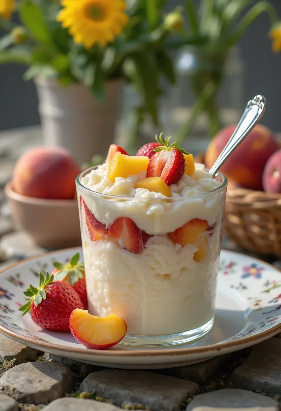 Rice pudding with fresh fruit pieces and whipped cream