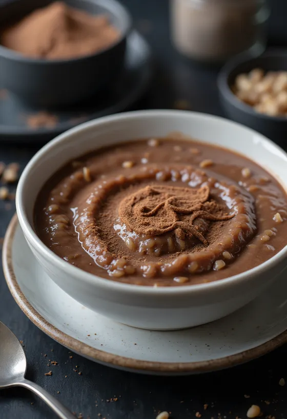 Bowl of creamy chocolate rice porridge (congee)