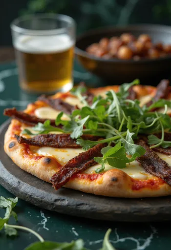 South African pizza topped with Biltong and fresh arugula