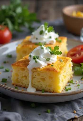 Cheesy Cornbread Squares with Sour Cream served golden brown