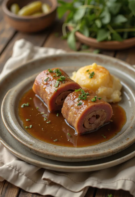 Rinderrouladen served with gravy and mashed potatoes