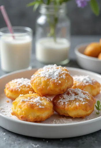 Crispy milk fritters served with a dusting of milk powder