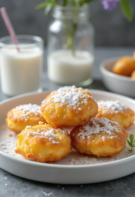 Crispy milk fritters served with a dusting of milk powder