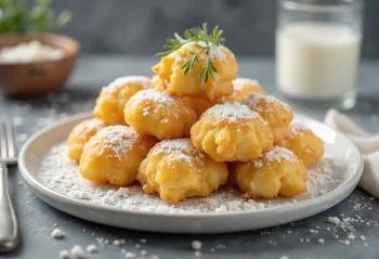 Crispy milk fritters served with a dusting of milk powder