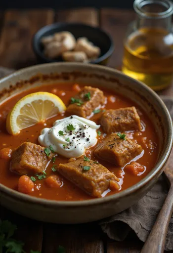 Creamy tripe soup garnished with paprika oil and lemon