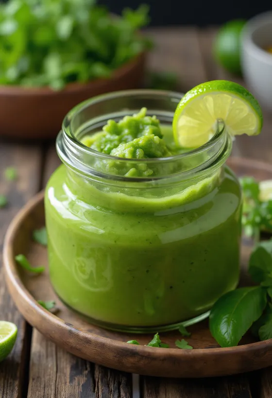 Bowl of vibrant green Mojo Verde sauce