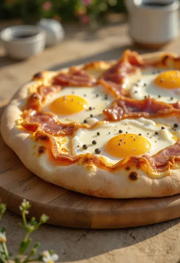 Pizza with pancetta and sunny side up eggs