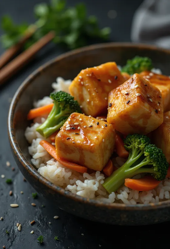 Crispy pan-fried tofu served over rice and vegetables