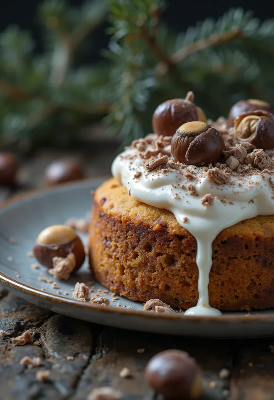 Chocolate chestnut cake decorated with dark chocolate and walnuts