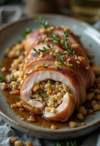 Roasted pork loin wrapped in bacon and stuffed with savory filling, sliced on a platter.